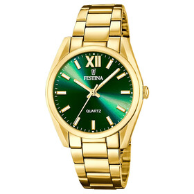 Pozłacany zegarek damski Festina z zieloną tarczą