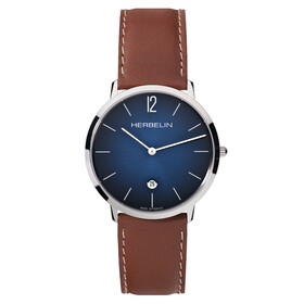 Elegancki zegarek w klasycznym stylu. Niebieska tarcza z datownikiem. Stalowa koperta i brązowy pasek ze skóry.