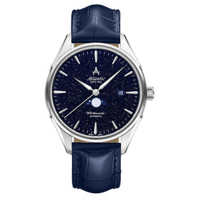Zegarek męski na niebieskim pasku skórzanym Atlantic Worldmaster Nightsky Moonphase
