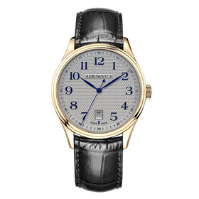 Pozłacany zegarek męski Aerowatch ze skórzanym paskiem