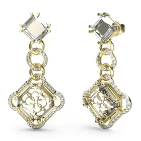 Pozłacane kolczyki sztyfty z cyrkoniami i wiszącymi rombami z ażurowym logo Guess