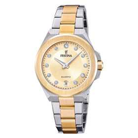 Srebrno-złoty zegarek damski Festina z beżową tarczą i cyrkoniami