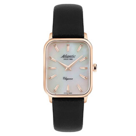 Pozłacany zegarek damski Atlantic z prostokątną kopertą na pasku skórzanym