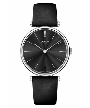 Klasyczny zegarek męski Doxa z kolekcji D-Lux. Czarny pasek ze skóry oraz czarna tarcza.