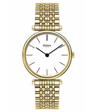 Pozłącany metodą PVD męski zegarek Doxa z linii D-Lux. Biała tarcza przy i stalowa bransoleta.