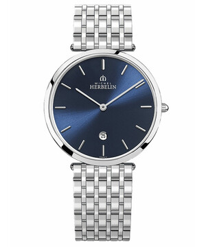 Klasyczny zegarek męski z niebieską tarczą i stalową bransoletą.