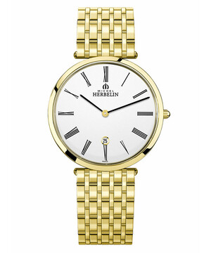 Pozłacany klasyczny zegarek z bransoletą, białą tarczą i szkłem szafirowym.