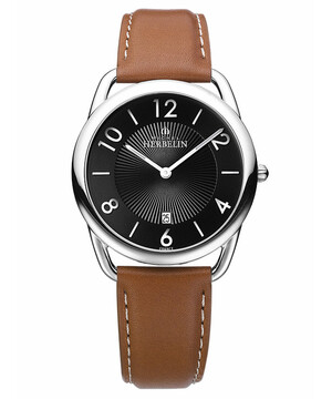 Klasyczny zegarek męski z czarnym cyferblatem oraz brązowym paskiem skórzanym.