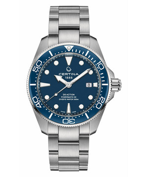 Certina DS Action Diver zegarek nurkowy z niebieską tarczą.