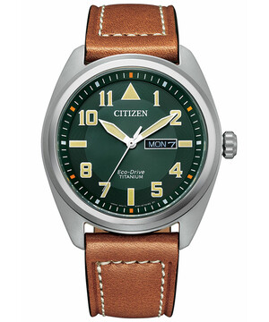 Zegarek wojskowy Citizen z zieloną tarczą i brązowym paskiem