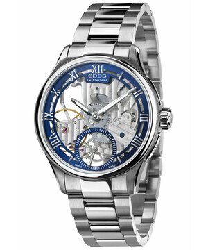 Szkieletowy zegarek Epos z niebieską tarczą i bransoletą stalową