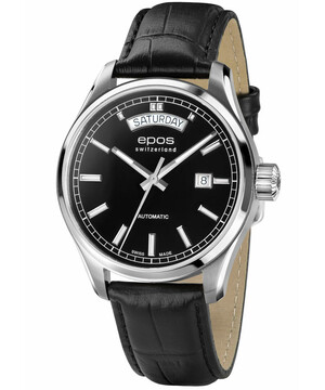 Elegancki zegarek Epos Passion Day Date 3501.142.20.95.25 z czarną lakierowaną tarczą