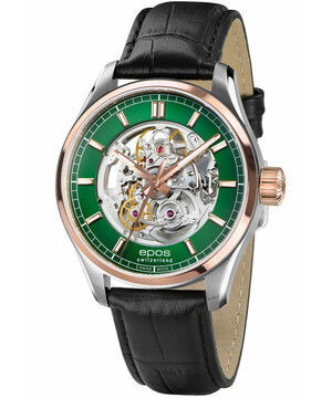 Zegarek szkieletowy z zieloną tarczą i złoconymi elementami