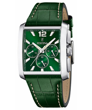 Prostokątny zegarek męski na pasku skórzanym zielony Festina