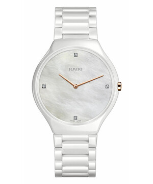 Rado True Thinline Diamonds damski zegarek z białej ceramiki high-tech ozdobiony diamentami, masą perłową i różowym złotem
