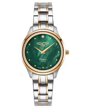 Pozłacany zegarek z zieloną masą perłową i diamentem Roamer Venus