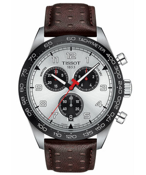 Sportowy zegarek Tissot PRS 516 Chronograph ze srebrną tarczą, brązowy pasek