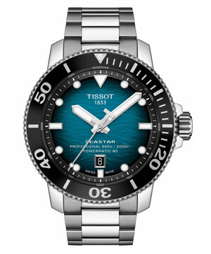 Zegarek nurkowy Tissot Seastar 2000 Professional z turkusową tarczą.