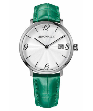 Szwajcarski zegarek męski na zielonym pasku ze skóry Aerowatch Heritage Slim Quartz