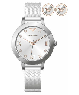 Damski zegarek stalowy z kolczykami w zestawie Emporio Armani Cleo