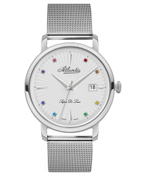 Srebrny zegarek damski z kolorowymi kamieniami Atlantic