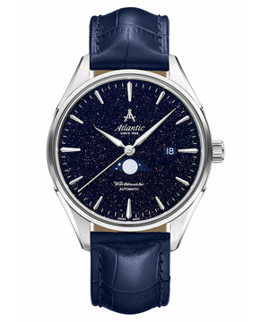 Zegarek męski na niebieskim pasku skórzanym Atlantic Worldmaster Nightsky Moonphase