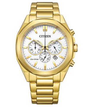Sportowy zegarek Citizen z białą tarczą i chronografem