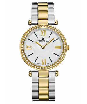 Srebrno złoty zegarek damski Delbana z kryształkami Swarovskiego