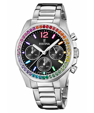 Festina Boyfriend Chronograph Rainbow zegarek damski z kolorowymi cyrkoniami