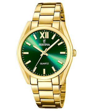 Pozłacany zegarek damski Festina z zieloną tarczą