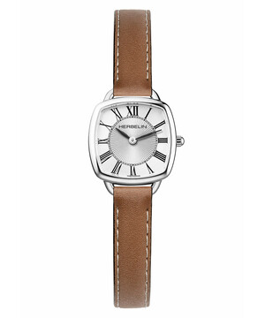 Kwadratowy zegarek damski z brązowym paskiem skórzanym.