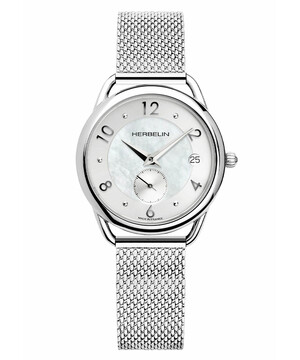 Klasyczny zegarek damski ze stali szlachetnej. Perłowa tarcza przykryta szkłem szafirowym.