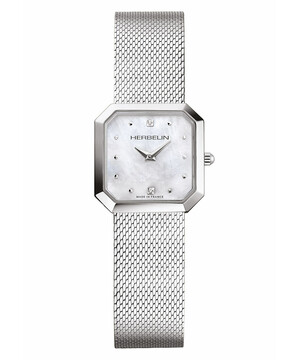Kwadratowy elegancki zegarek z jasną perłową tarcza i cyrkoniami. Branstoleta stalowa MESH.