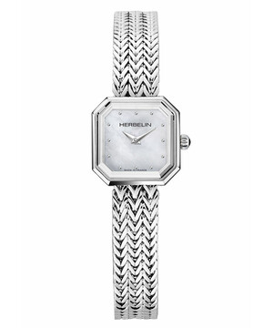 Kwadratowy damski zegarek elegancki z perłową tarczą i stalową bransoletą