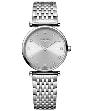 Srebrny zegarek damski Longines z diamentami