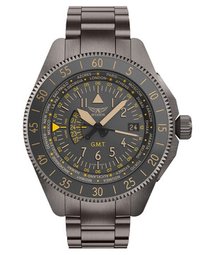 Męski zegarek Aviator GMT z szarą powłoką PVD