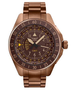 Męski zegarek Aviator GMT z brązową powłoką PVD