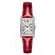 Prostokątny zegarek damski Longines z diamentami, czerwony pasek