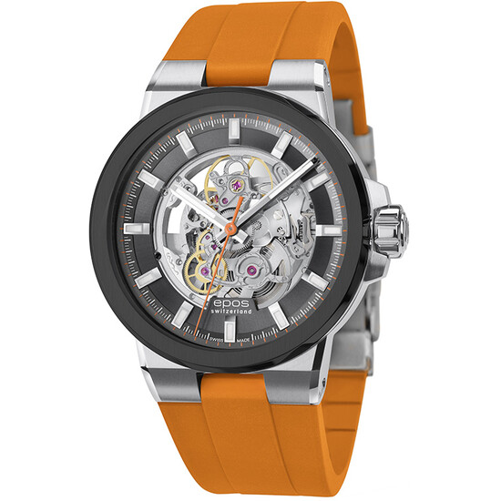 Epos 3442.135.35.14.52 Sportive Skeleton zegarek męski z czarną tarczą i pomarańczowym paskiem gumowym
