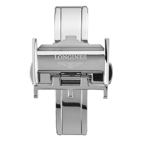 Zapięcie motylkowe Longines w kolorze stalowym błyszczącym.