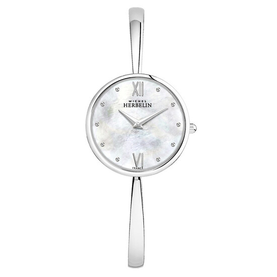 Elegancki zegarek modowy z masą perłową oraz cyrkoniami na tarczy