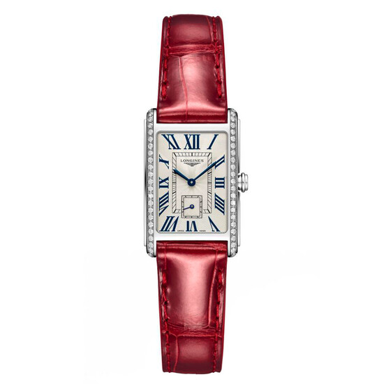 Zegarek z diamentami i czerwonym paskiem Longines DolceVita L5.255.0.71.5
