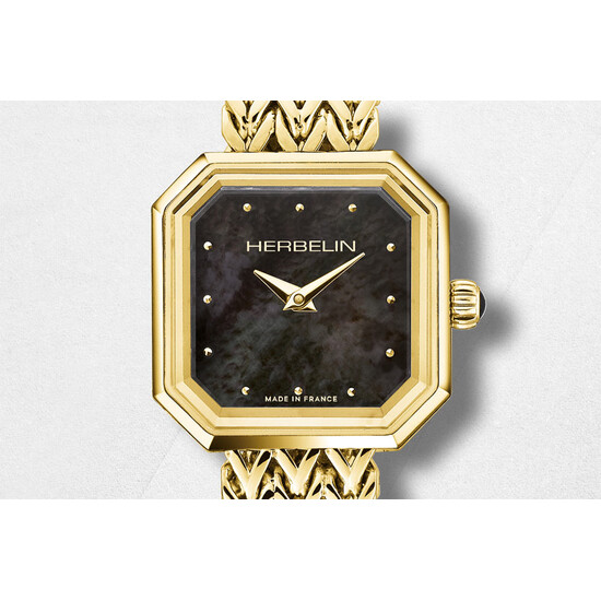 Pozłacany zegarek z czarną masą perłową Herbelin