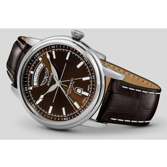 Zegarek lotniczy na brązowym pasku skórzanym Aviator