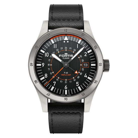 Zegarek męski na skórzanym pasku Fortis Flieger F-43 Triple-GMT