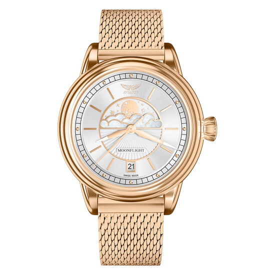 Pozłacany zegarek damski na bransolecie mesh Aviator Douglas Moonflight