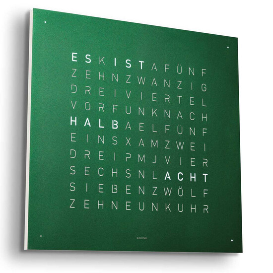 Qlocktwo Earth 45 Green Velvet zegar z miękkim wykończeniem w kolorze zielonym. Pokazuje czas w języku niemieckim.