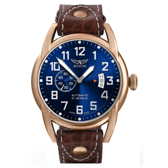 Pozłacany zegarek męski Aviator na skórzanym pasku
