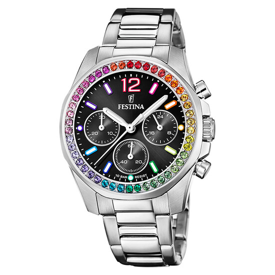 Festina Boyfriend Chronograph Rainbow zegarek damski z kolorowymi cyrkoniami