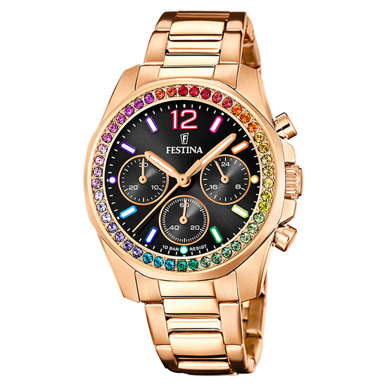 Damski zegarek z kolorowymi cyrkoniami Festina Boyfriend Chronograph Rainbow